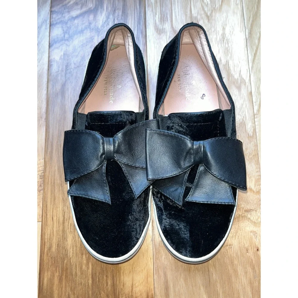 Kate Spade Velvet Bow Sneakers Womens 8 Black Slip On Flat Luxury Designer Luxe